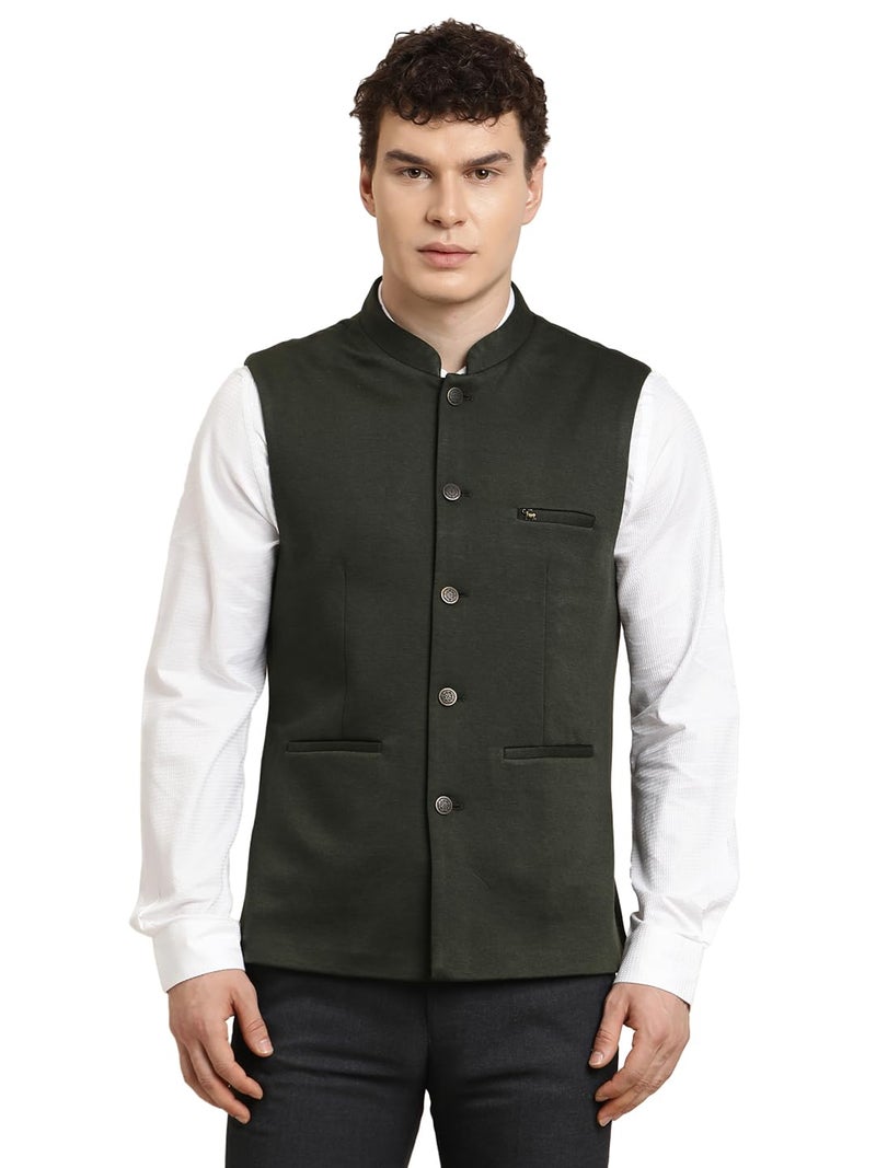 Turtle Men Dark Green Knitted Solid Party Nehru Jacket - Image 1