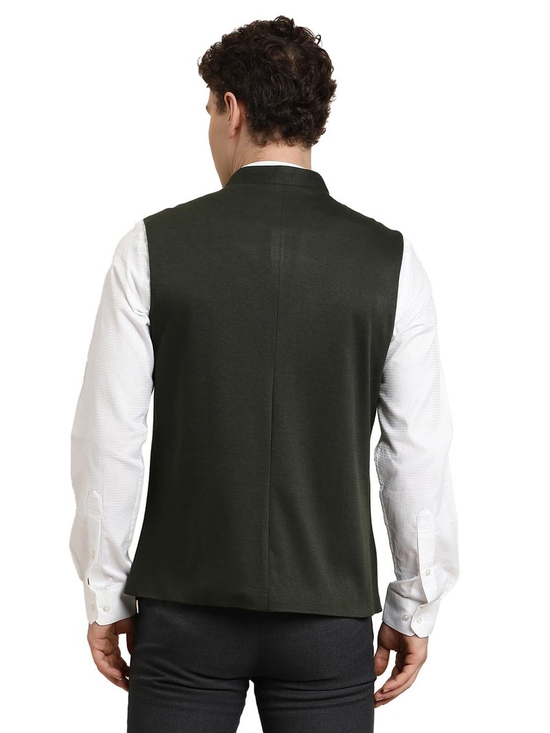 Turtle Men Dark Green Knitted Solid Party Nehru Jacket - Image 2