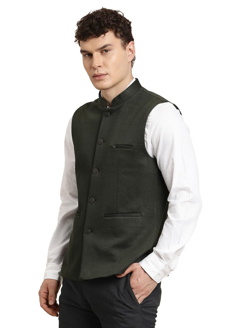 Turtle Men Dark Green Knitted Solid Party Nehru Jacket - Image 3