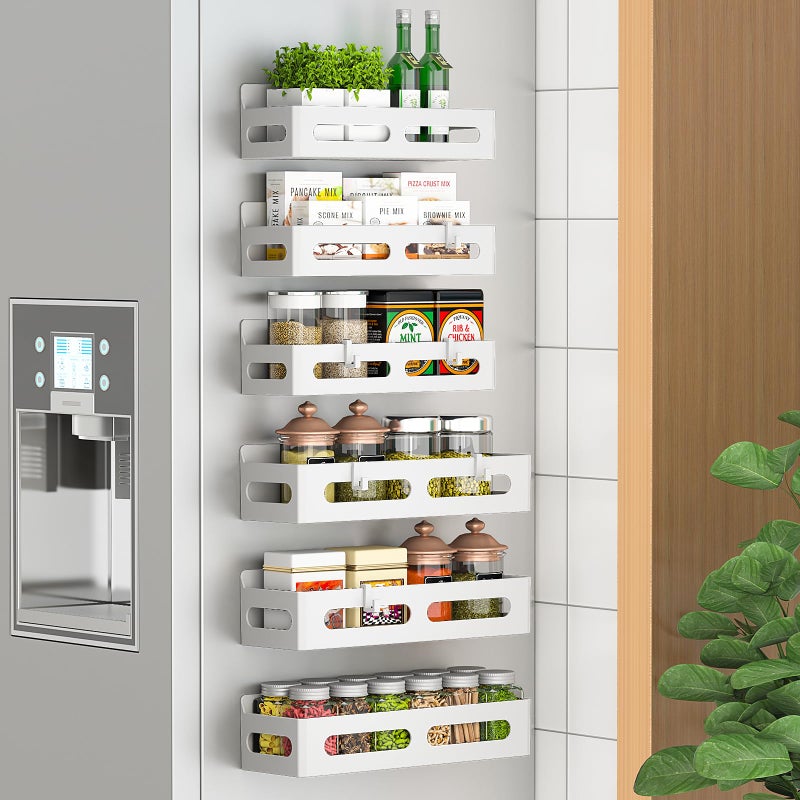 Sevenblue 6 Pack Strong Magnetic Spice Rack for Refrigerator, Multipurpose Magnetic Shelf for Fridge with 4 Hooks for kitchen and Bathroom Organization, White - Image 1