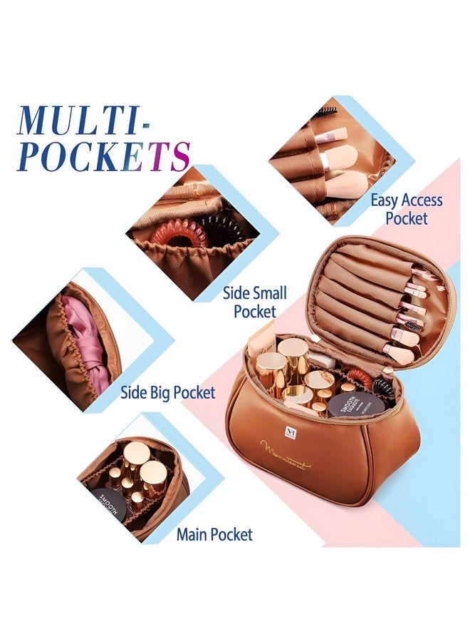 NFI essentials Cosmetic Travel Organizer Bag, Women's Makeup Pouch Toiletry Bag Portable Leather Wide Opening Cosmetics Bag With Handle For Girls, 12Cm, Brown - Image 2