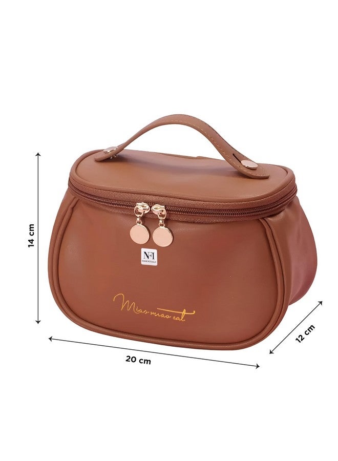 NFI essentials Cosmetic Travel Organizer Bag, Women's Makeup Pouch Toiletry Bag Portable Leather Wide Opening Cosmetics Bag With Handle For Girls, 12Cm, Brown - Image 4