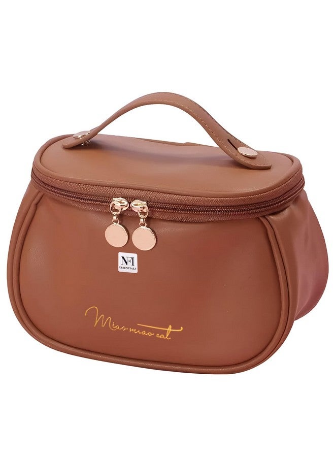 NFI essentials Cosmetic Travel Organizer Bag, Women's Makeup Pouch Toiletry Bag Portable Leather Wide Opening Cosmetics Bag With Handle For Girls, 12Cm, Brown - Image 1