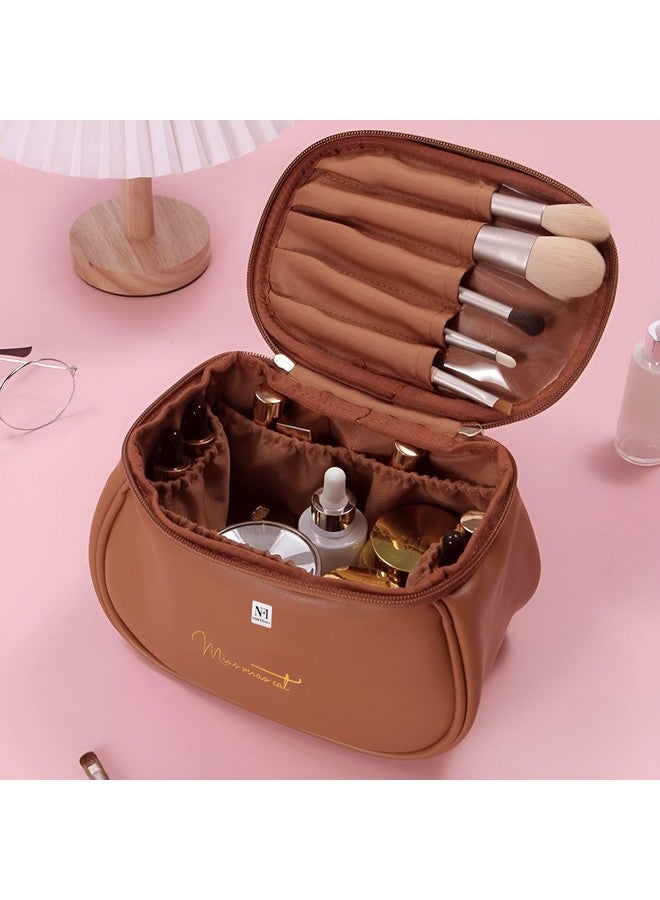 NFI essentials Cosmetic Travel Organizer Bag, Women's Makeup Pouch Toiletry Bag Portable Leather Wide Opening Cosmetics Bag With Handle For Girls, 12Cm, Brown - Image 5