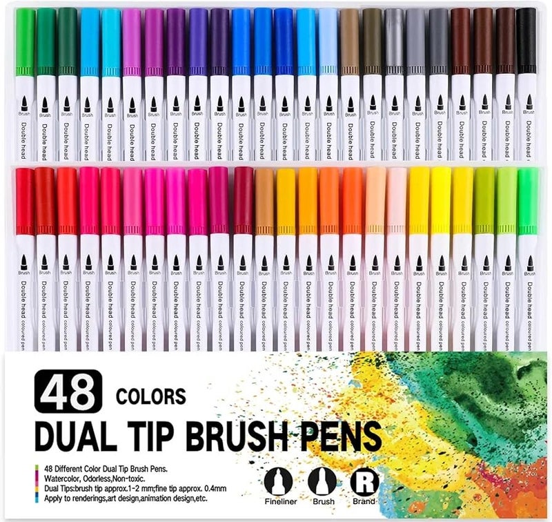 FEELHIGH مجموعة أقلام ماركر مائية برأس مزدوج للألوان القابلة للماء فرشاة ناعمة طرف رفيع قلم تلوين لمذكرات الفن لوازم المدرسة للأطفال والبالغين كتاب تلوين للمعلمين والطلاب الكتابة بالخط - Image 1