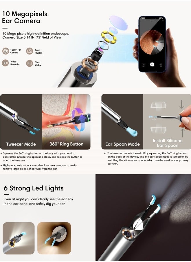 Ear Wax Removal Tool with Camera WiFi Visible Ear Cleaner with Tweezer with 10 Megapixels Gimbaled Gyroscope 12 Ear Spoons Base Storage Household Ear Cleaning Kit for IOS and Android