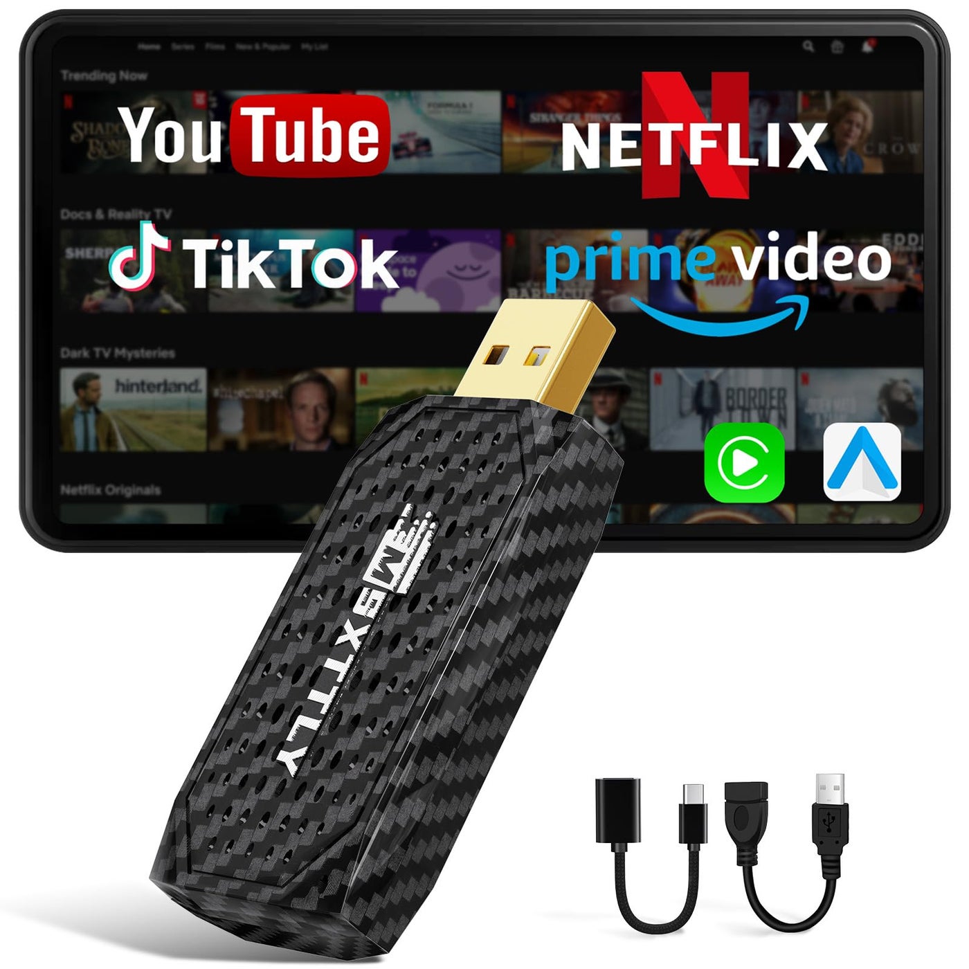 MSXTTLY Mini Streaming Box for Netflix/YouTube/TikTok/Prime Video, Carplay Android Auto Wireless Adapter, Car Stream Dongle, for iPhone iOS10+ & Android 11.0+, ONLY for Cars with Wired CarPlay, Black