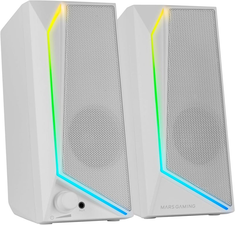 MARS GAMING MARSGAMING MS72, Gaming Speakers 15W, RGB Flow Backlight, 2 Active Transducers, DSP Chipset, USB Plug&Play and 3.5mm Jack Connector, Volume Control Knob and Audio Port Headphones, White - Image 1