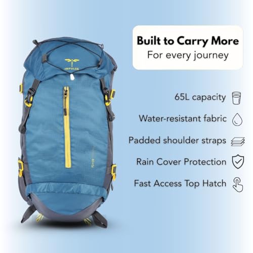 Impulse Inverse 65L Travel bag with Rain Cover | Water Resistant | Padded Adjustable Shoulder Straps & Waist Belt | Ideal for Hiking, Camping & Travel Rucksack Backpack- Teal |1 Year Warranty - Image 3
