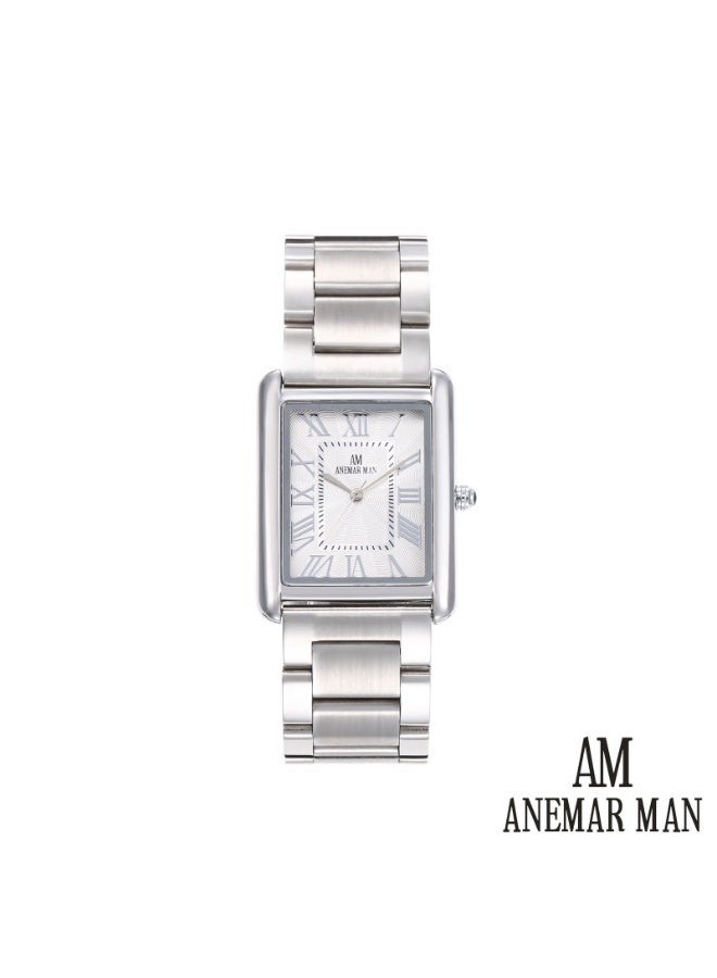 ANEMAR MAN Men's stainless steel wristwatch, Cartier style, water-resistant and high quality, silver strap with a white dial