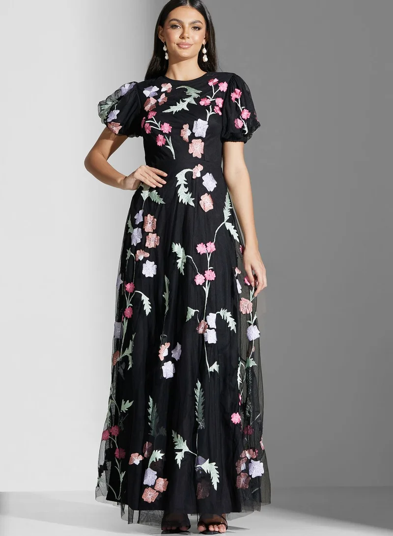 Maya Floral Embroidered Puff Sleeve Dress