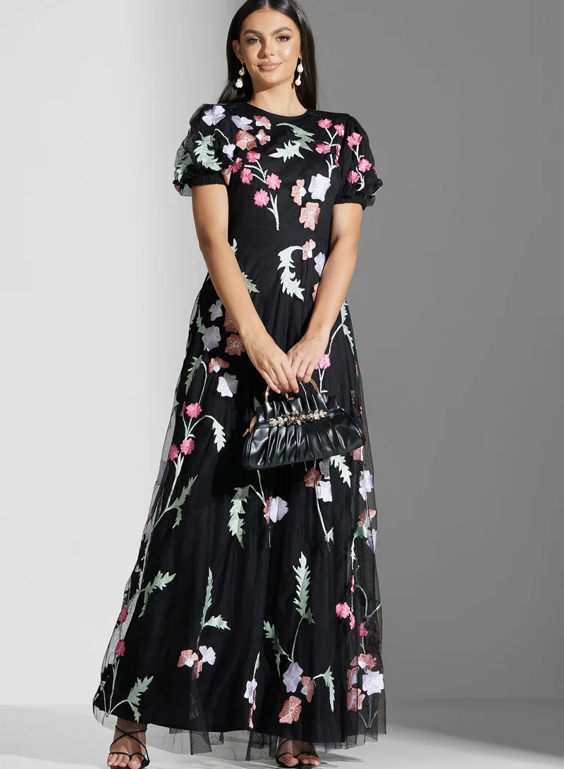 Maya Floral Embroidered Puff Sleeve Dress