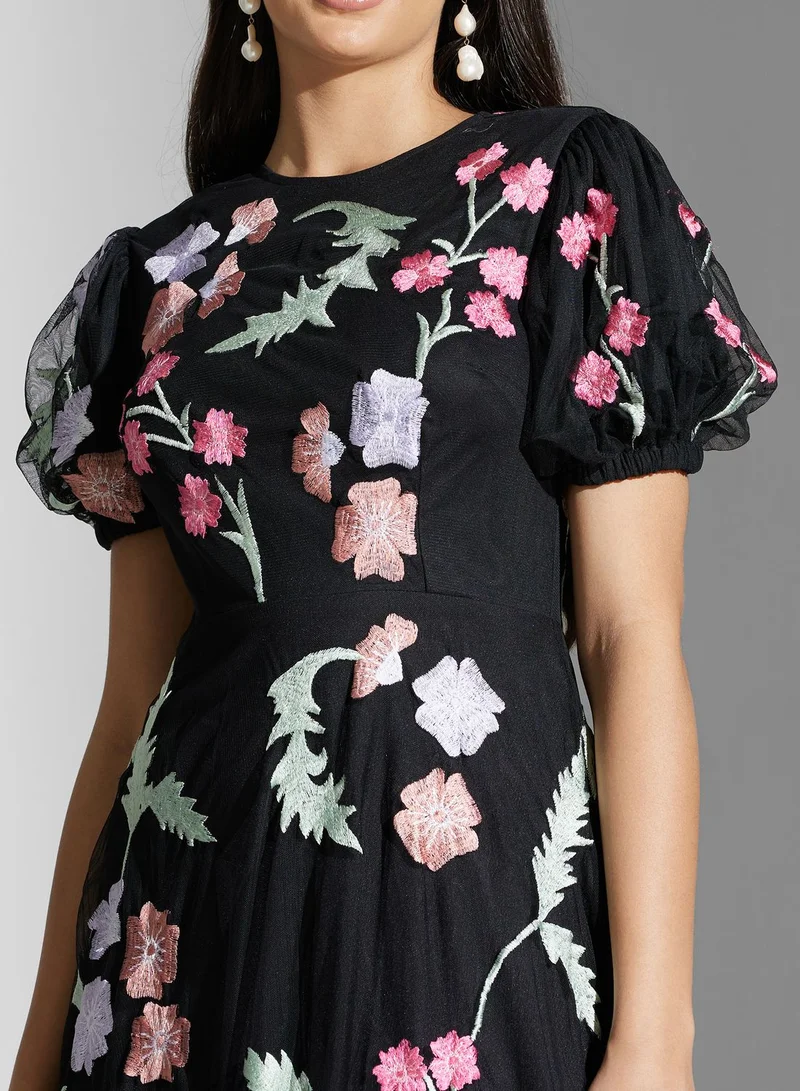 Maya Floral Embroidered Puff Sleeve Dress