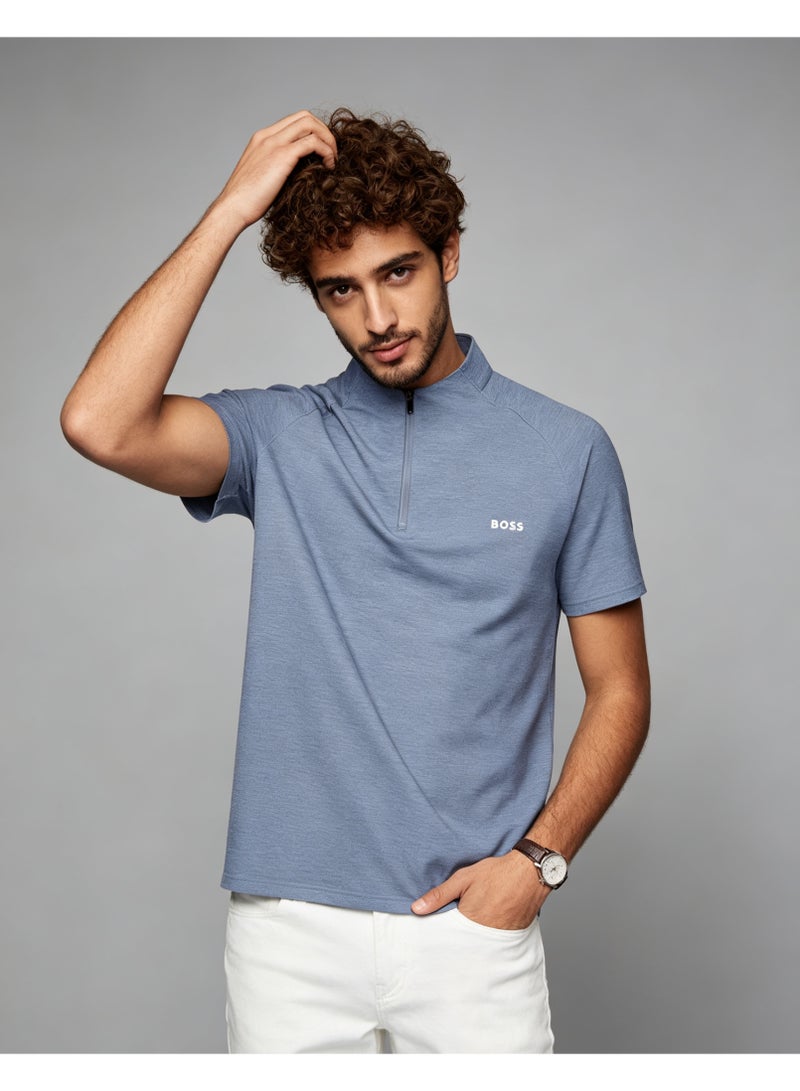 BOSS Men's Stand Collar Half Zip Short Sleeve Polo Shirt Casual Daily Wear Light Slate Blue - Image 2