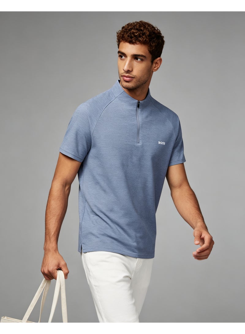 BOSS Men's Stand Collar Half Zip Short Sleeve Polo Shirt Casual Daily Wear Light Slate Blue - Image 3