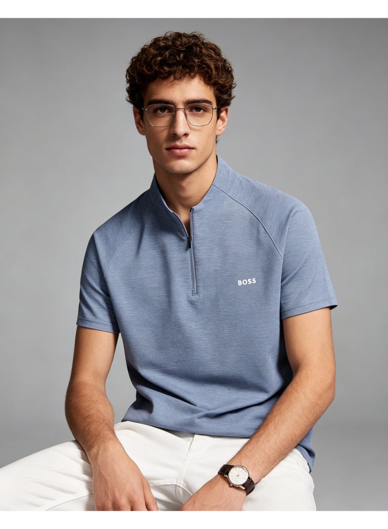 BOSS Men's Stand Collar Half Zip Short Sleeve Polo Shirt Casual Daily Wear Light Slate Blue - Image 1