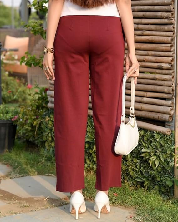 Mlada Store Mlada Mid Waist Wide Leg Flared Pants Elastic Waist Band for Women Office Work Formal Wear Stretch Cotton Knit Flare Pants Utility Pockets Extra Flare Pants Trousers for Travel Wine - Image 2