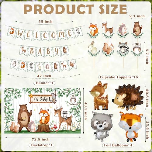 BORAMDO Woodland Animals Baby Shower Decoration Pack Forest Animal Neutral Gender Reveal Party Supplies Woodland Themed Birthday Party Ideas Set 106 Pcs Backdrop Tablecloth Cake Toppers Balloons - Image 5