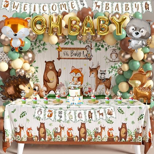 BORAMDO Woodland Animals Baby Shower Decoration Pack Forest Animal Neutral Gender Reveal Party Supplies Woodland Themed Birthday Party Ideas Set 106 Pcs Backdrop Tablecloth Cake Toppers Balloons - Image 1