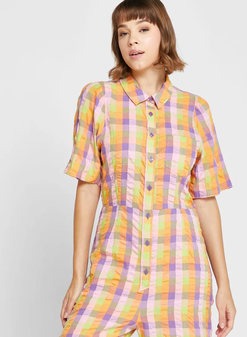 MONKI Checked Button Down Jumpsuit