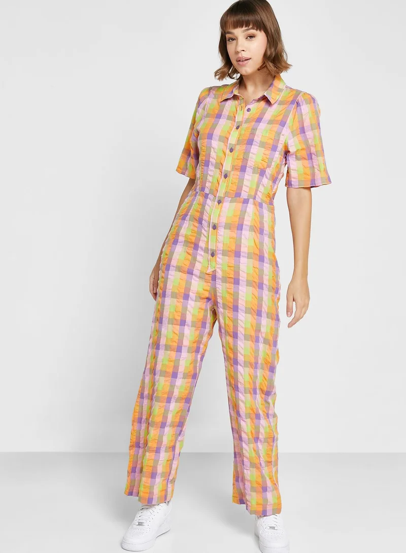 MONKI Checked Button Down Jumpsuit