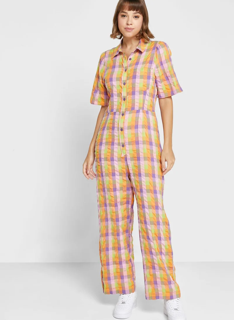 MONKI Checked Button Down Jumpsuit