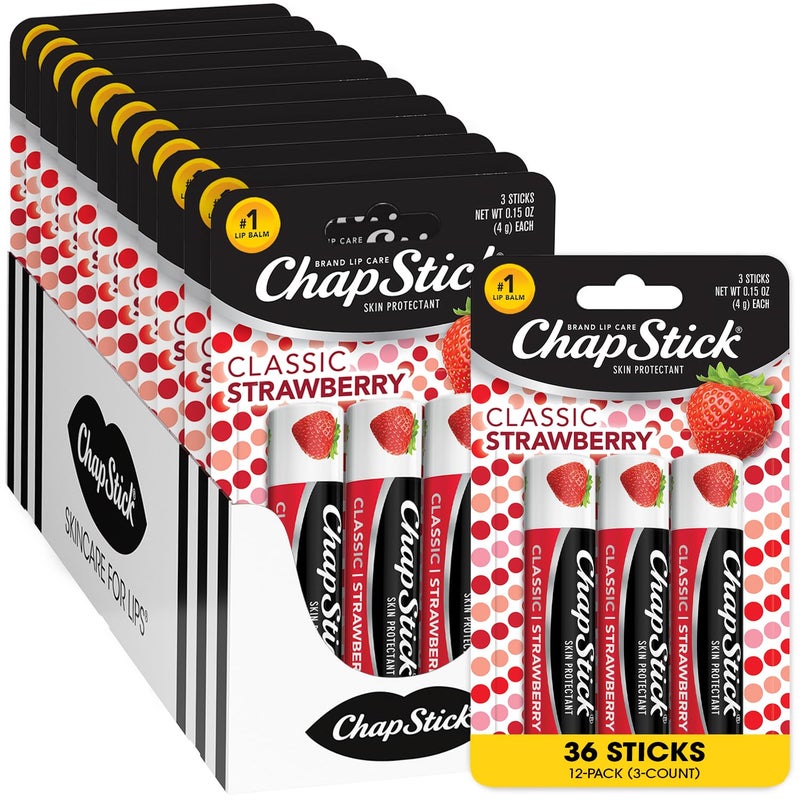 ChapStick Lip Moisturizer Classic Strawberry 3Packs 12 Sets36 Tubes  Bulk Lip Balm Fruity  Sweet 015 Oz Ea
