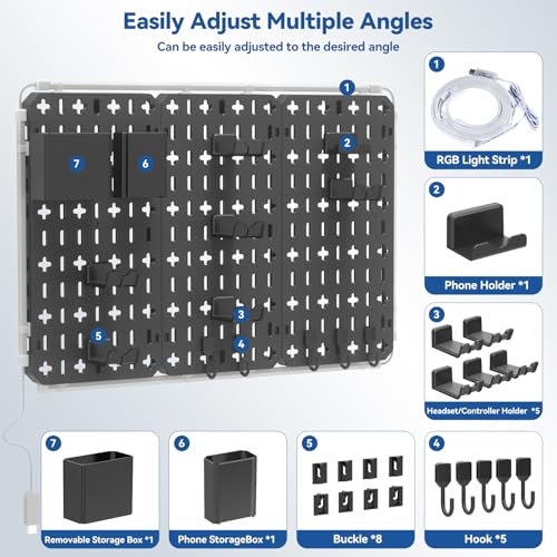 KDD 9 in 1 RGB Gaming Wall Organizer Peg Board - DIY Pegboard Combination Kit with Phone Stand/Pen Holder/Storage Box/Headset & Controller Holder/Hooks for Office & Home Gamer Room Decor Accessories - Image 5