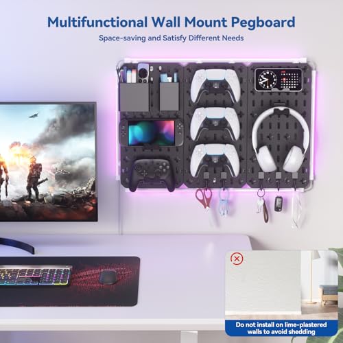 KDD 9 in 1 RGB Gaming Wall Organizer Peg Board - DIY Pegboard Combination Kit with Phone Stand/Pen Holder/Storage Box/Headset & Controller Holder/Hooks for Office & Home Gamer Room Decor Accessories - Image 2