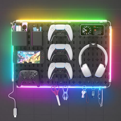 KDD 9 in 1 RGB Gaming Wall Organizer Peg Board - DIY Pegboard Combination Kit with Phone Stand/Pen Holder/Storage Box/Headset & Controller Holder/Hooks for Office & Home Gamer Room Decor Accessories - Image 1