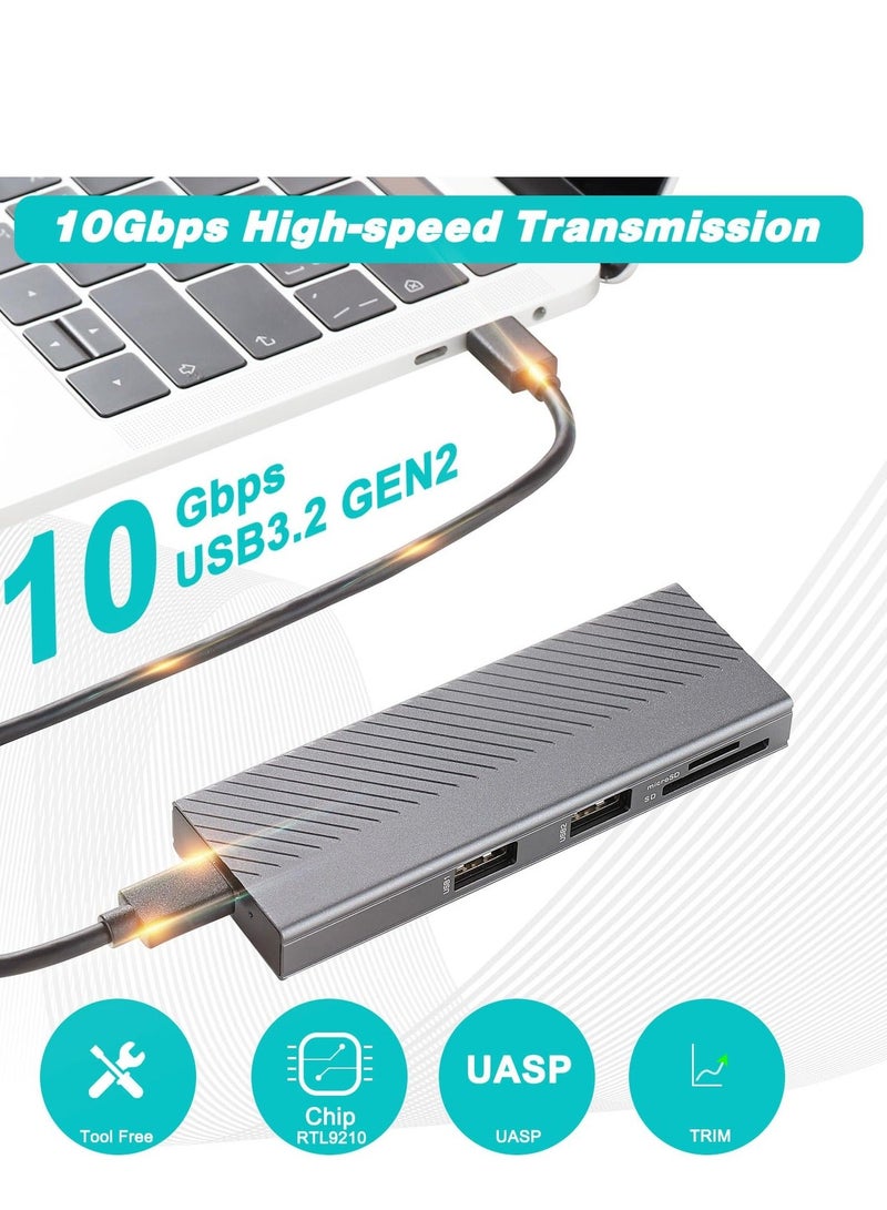 NVMe Enclosure, Suspendable FARBOKO M.2 Enclosure USB3.2/ USB3.1 Gen2 10Gbps with 2 USB2.0 Ports & SD/TF Card Reader for M.2 NVMe/SATA SSD in 2242/2260/2280 - Image 2