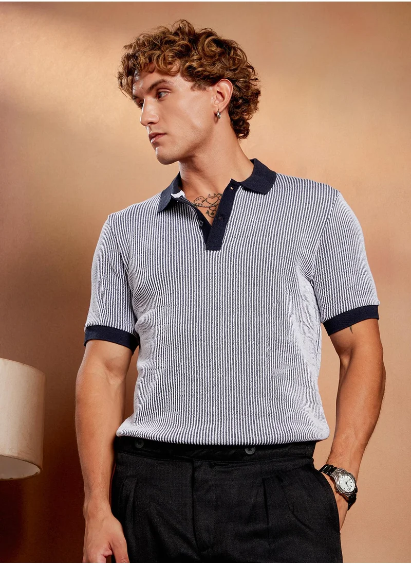 Campus Sutra Campus Sutra Men's Navy Blue Contrast-Seersucker Polo T-Shirt For Casual Wear | Polo Neck | Short Cuffed Sleeves | Half-Button Closure | T-Shirt Crafted With Comfort Fit For Everyday Wear