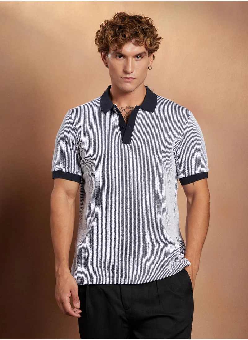 Campus Sutra Campus Sutra Men's Navy Blue Contrast-Seersucker Polo T-Shirt For Casual Wear | Polo Neck | Short Cuffed Sleeves | Half-Button Closure | T-Shirt Crafted With Comfort Fit For Everyday Wear