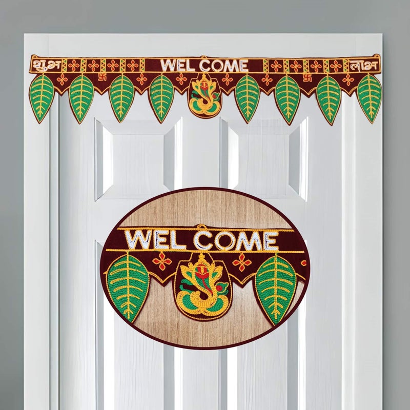 CREYENTES Toran For Door,Ganesha With Mango Leaf,Welcome Bandarwal,Wall Hanging,Temple,Pooja Room,Diwali,Rajasthani,Embroidery Work.(Ganesh_Welcome),36 Cm - Image 1