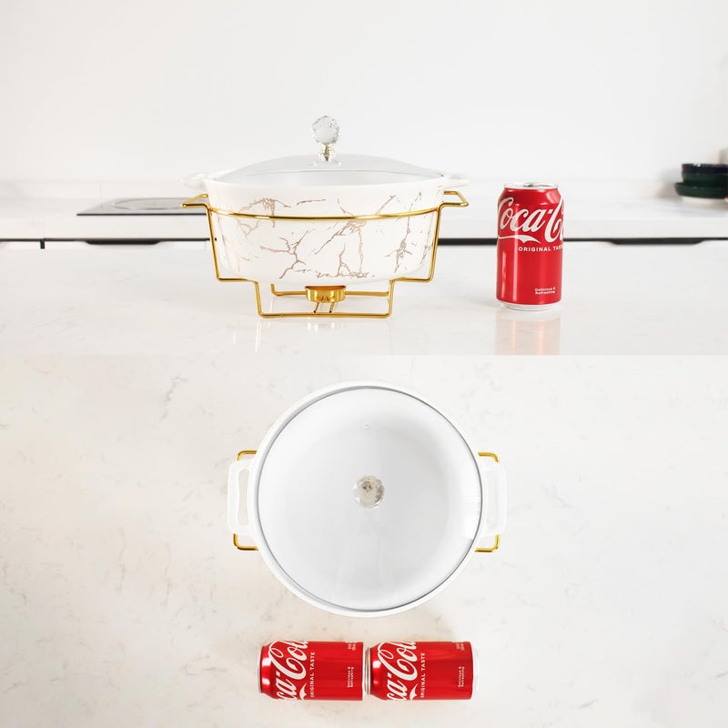 jinsongdafa 9-inch Ceramic Casserole with Glass Lid and Gold Rack, 2.6-Quart Stockpot, Buffet Hot Pot, Family Food Warming Tray, Party Catering Casserole - Image 3