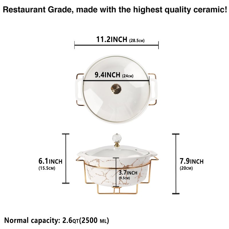 jinsongdafa 9-inch Ceramic Casserole with Glass Lid and Gold Rack, 2.6-Quart Stockpot, Buffet Hot Pot, Family Food Warming Tray, Party Catering Casserole - Image 2