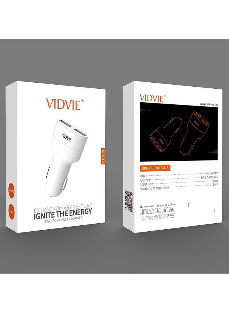 VIDVIE CC509 Car Charger - Dual USB Ports - Fast Charging 2.1A-WHITE - Image 5