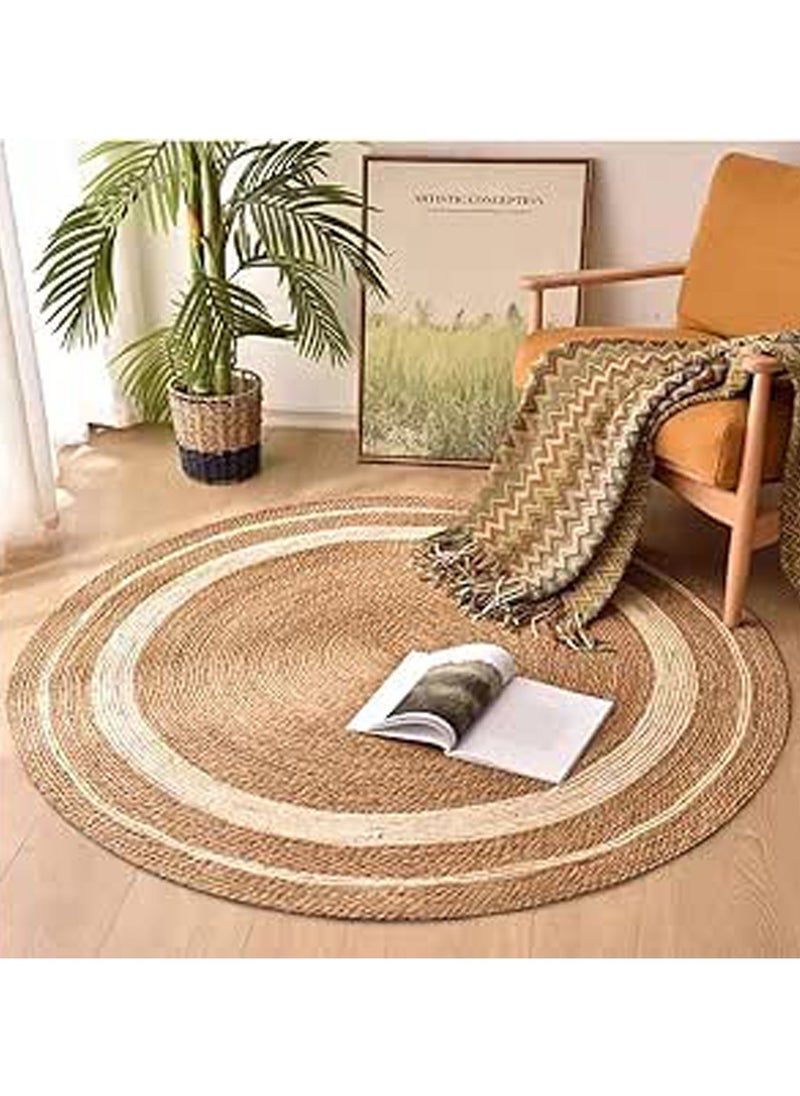 LINGWEI Jute Rug Carpet with White Line Design Round Area Rug Floor Mat  - Image 5