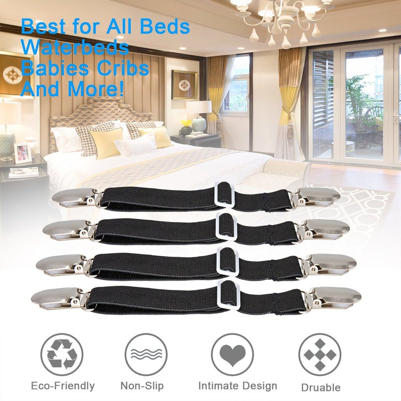 BetyBedy 4Pcs Adjustable Bed Sheet Fasteners Suspenders, Elastic Sheet Band Straps Clips, Cover Grippers Suspenders Holder for Mattress Pad Cover, Sofa Cushion (Black) - Image 5