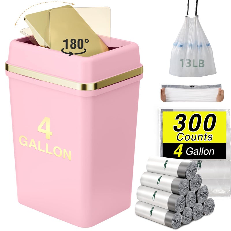 WSBArt Bathroom Trash Can with Lid 4 Gallon Pink Trash Can Bedroom Trash Can Small Garbage Can with 300 Counts Trash Bags for Small Bathroom Bedroom Office - Image 1