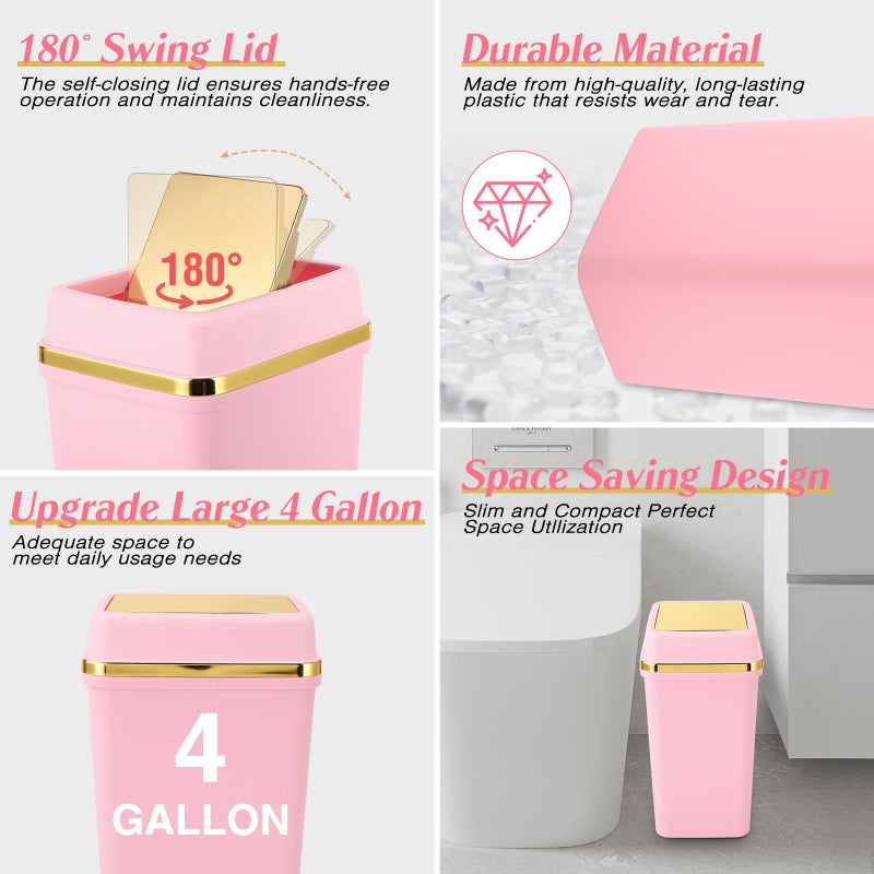 WSBArt Bathroom Trash Can with Lid 4 Gallon Pink Trash Can Bedroom Trash Can Small Garbage Can with 300 Counts Trash Bags for Small Bathroom Bedroom Office - Image 2