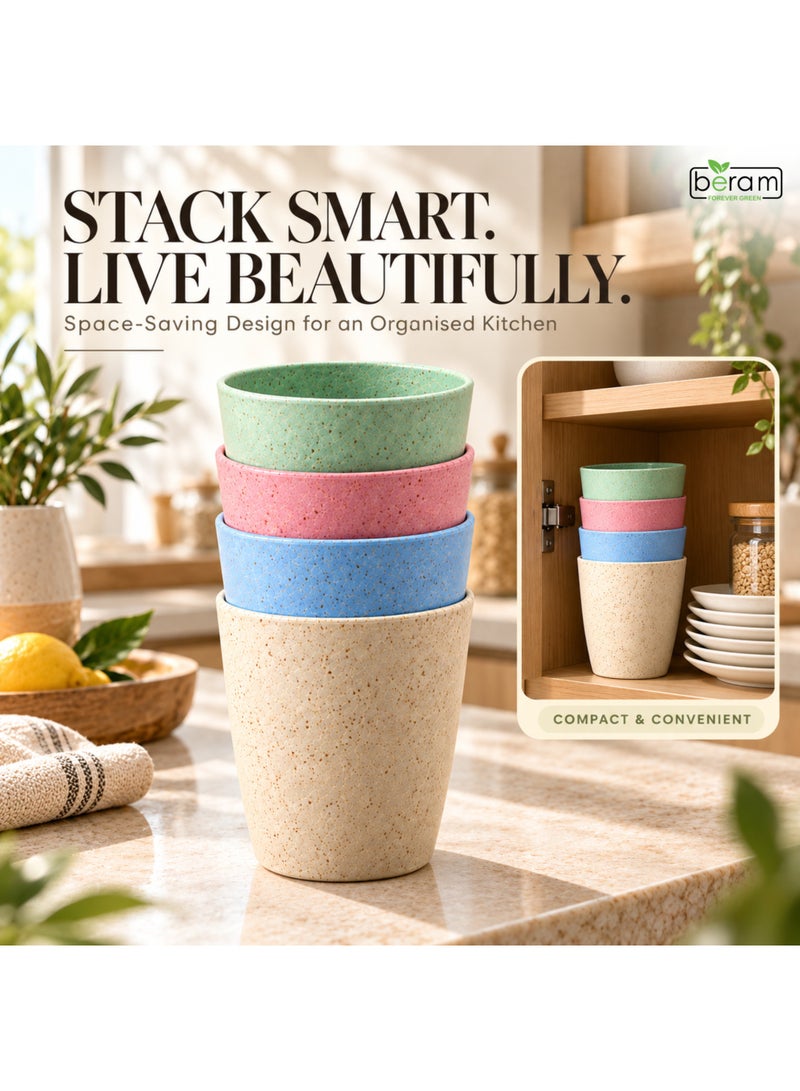 Beram Wheat Straw Cups Set of 4, 350ml, Biodegradable, Eco-Friendly Drinking Glasses, Unbreakable & Lightweight Tumblers, BPA-Free, Stackable Cups for Coffee, Tea, Juice, and Water, Reusable Tumbler Set - Image 3