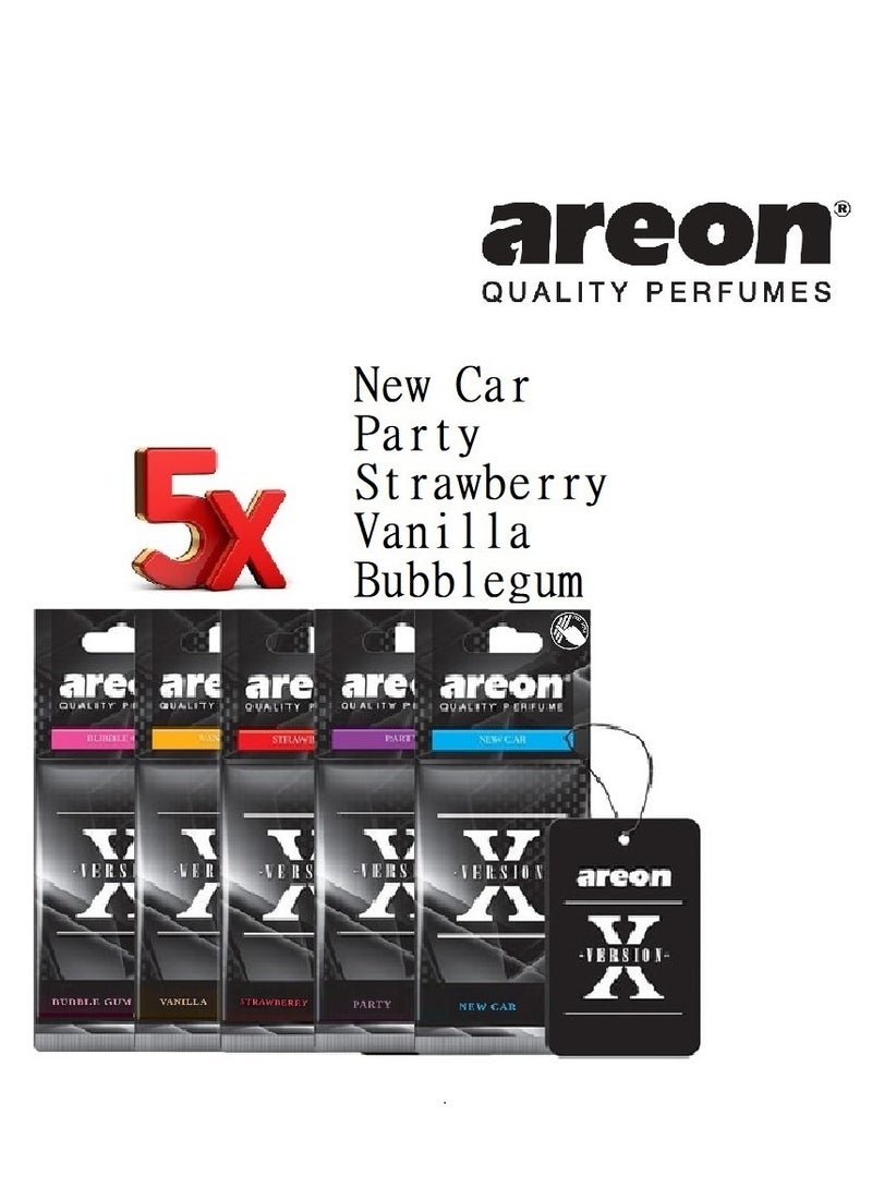 Areon 5-Pieces Hanging X Version Car Air Freshener With Variety Scents Strawberry Vanilla New Car Bubblegum And Party