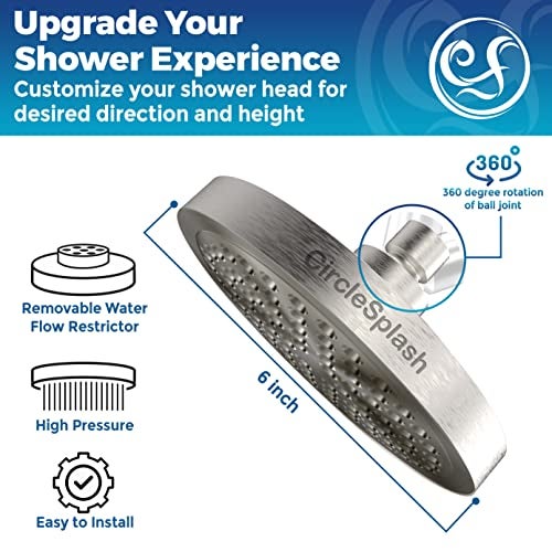 CircleSplash High Pressure Shower Head - Anti-Clogging Silicone Nozzles - 2.5 GPM Removable Restrictor - Easy to Clean Adjustable Replacement - easy to install with Plumbers Tape - 6 inch - Brushed Nickel Finish - Image 3
