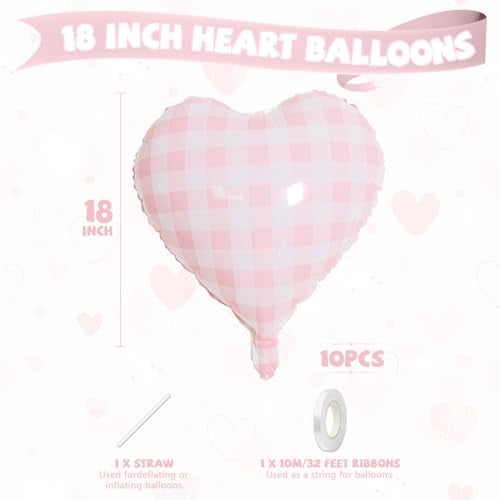 Biapian Pink White Checkered Heart Balloons 10 Pcs Light Pink Grid Heart Shape Balloon 18 Inch Lattice Foil Valentines Balloons for Kids Girls Birthday Wedding Valentines Bridal Baby Shower Party Decoration - Image 5