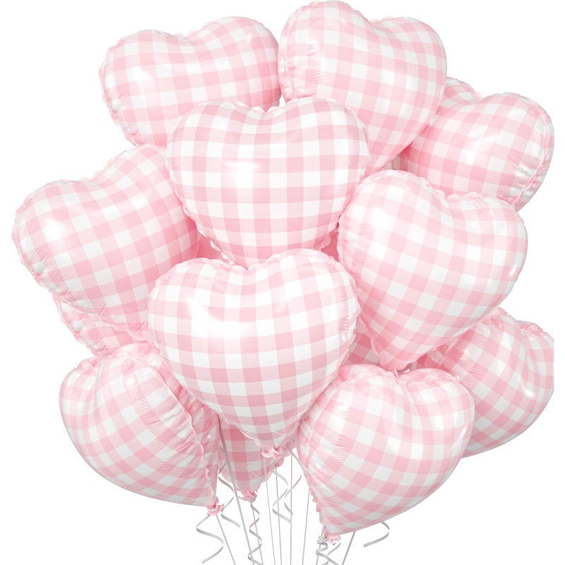Biapian Pink White Checkered Heart Balloons 10 Pcs Light Pink Grid Heart Shape Balloon 18 Inch Lattice Foil Valentines Balloons for Kids Girls Birthday Wedding Valentines Bridal Baby Shower Party Decoration - Image 3