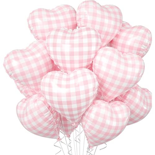 Biapian Pink White Checkered Heart Balloons 10 Pcs Light Pink Grid Heart Shape Balloon 18 Inch Lattice Foil Valentines Balloons for Kids Girls Birthday Wedding Valentines Bridal Baby Shower Party Decoration - Image 1