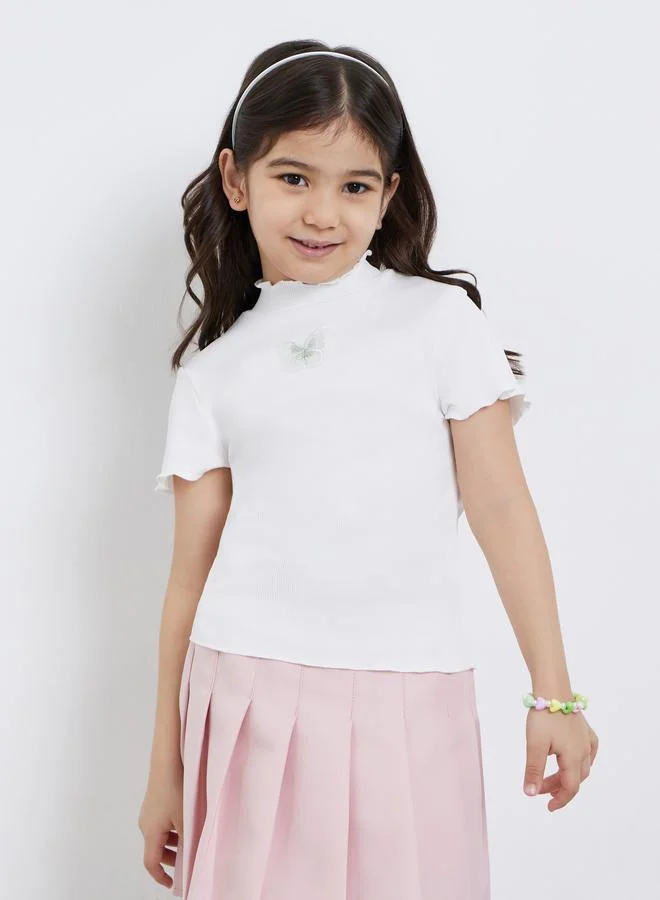 Styli Styli Girls Off White Ribbed High Neck T-Shirt