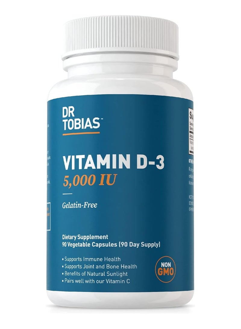 Dr. Tobias Vitamin D-3 5000 IU, 90 Vegetable Capsules, 90 Day Supply, supports immnue health, supports jointand bone health, benefits of natural sunlight, pairs well with our vit. c - Image 1