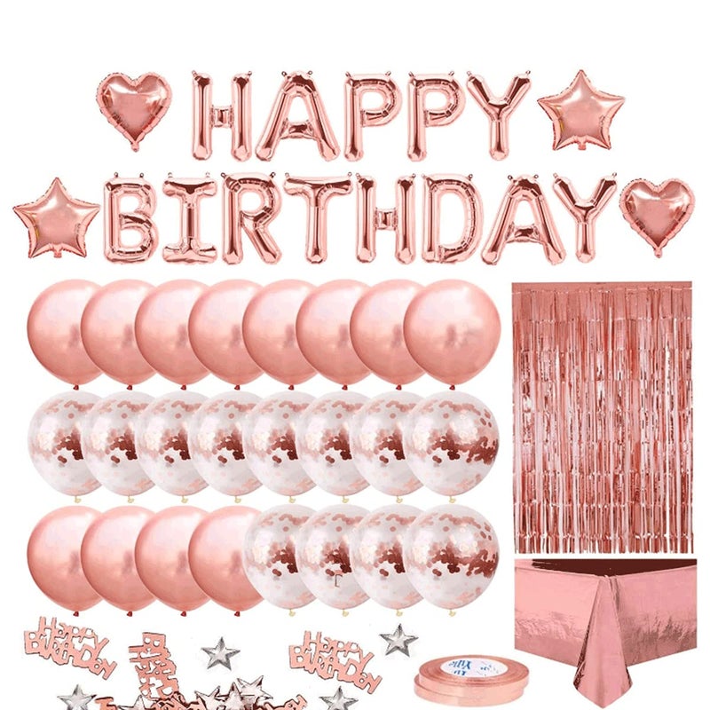 Beauenty Rose Gold Balloons Party Decorations Supplies for Birthday Wedding Decorations Including Happy Birthday Banner Sequin Table Runner Rose Gold Balloons Foil Fringe Curtains - Image 1